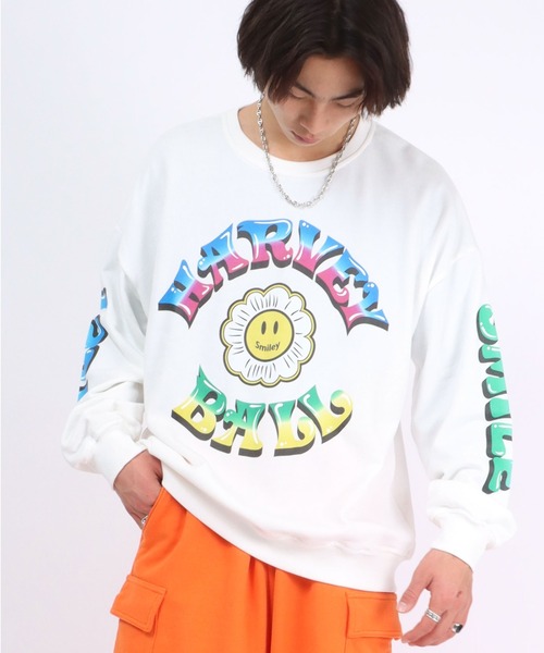SMILEY FACE（スマイリーフェイス）の「SMILEY FACE（スマイリーフェイス）フラワースマイルモチーフ 袖プリント スウェットトップス メンズ レディース/トレーナープルオーバー（スウェット・メンズ・ホワイト/ブラック/ライトグリーン・M/L）」の7枚目の写真