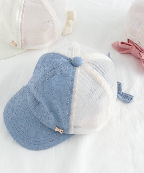 apres les cours（アプレレクール）の「GIRLSうしろリボンメッシュキャップ（ハット・キッズ・サックスブルー/アイボリー/ピンク・50/58/54）」の3枚目の写真