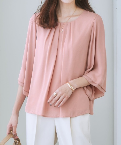 7days Life Styling（セブンデイズライフスタイリング）の「ジョーゼットエアリー7分袖トップス（シャツ/ブラウス・レディース・ライトブルー/ネイビー/ドット/グレイッシュベージュ/ライラック/オフホワイト/ピンク/キャメル/ストライプ/ブラック/ミント/ホワイト×ブラック/マスタード/ピンク系その他/ベージュ系その他・S/M/LL/L/3L）」の12枚目の写真