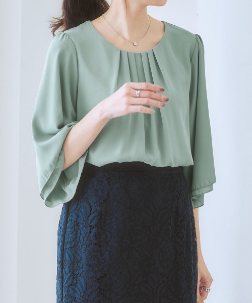 7days Life Styling（セブンデイズライフスタイリング）の「ジョーゼットエアリー7分袖トップス（シャツ/ブラウス・レディース・ライトブルー/ネイビー/ドット/グレイッシュベージュ/ライラック/オフホワイト/ピンク/キャメル/ストライプ/ブラック/ミント/ホワイト×ブラック/マスタード/ピンク系その他/ベージュ系その他・S/M/LL/L/3L）」の6枚目の写真