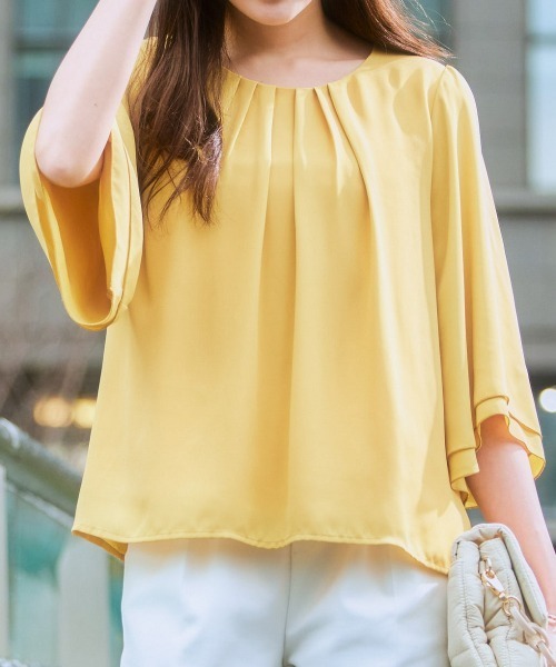 7days Life Styling（セブンデイズライフスタイリング）の「ジョーゼットエアリー7分袖トップス（シャツ/ブラウス・レディース・ライトブルー/ネイビー/ドット/グレイッシュベージュ/ライラック/オフホワイト/ピンク/キャメル/ストライプ/ブラック/ミント/ホワイト×ブラック/マスタード/ピンク系その他/ベージュ系その他・S/M/LL/L/3L）」の10枚目の写真