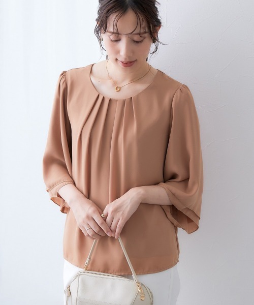 7days Life Styling（セブンデイズライフスタイリング）の「ジョーゼットエアリー7分袖トップス（シャツ/ブラウス・レディース・ライトブルー/ネイビー/ドット/グレイッシュベージュ/ライラック/オフホワイト/ピンク/キャメル/ストライプ/ブラック/ミント/ホワイト×ブラック/マスタード/ピンク系その他/ベージュ系その他・S/M/LL/L/3L）」の22枚目の写真