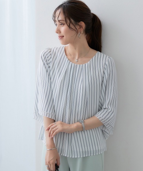 7days Life Styling（セブンデイズライフスタイリング）の「ジョーゼットエアリー7分袖トップス（シャツ/ブラウス・レディース・ライトブルー/ネイビー/ドット/グレイッシュベージュ/ライラック/オフホワイト/ピンク/キャメル/ストライプ/ブラック/ミント/ホワイト×ブラック/マスタード/ピンク系その他/ベージュ系その他・S/M/LL/L/3L）」の21枚目の写真