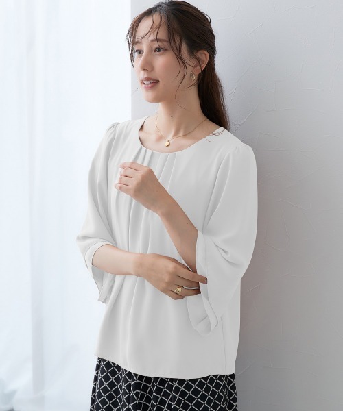 7days Life Styling（セブンデイズライフスタイリング）の「ジョーゼットエアリー7分袖トップス（シャツ/ブラウス・レディース・ライトブルー/ネイビー/ドット/グレイッシュベージュ/ライラック/オフホワイト/ピンク/キャメル/ストライプ/ブラック/ミント/ホワイト×ブラック/マスタード/ピンク系その他/ベージュ系その他・S/M/LL/L/3L）」の19枚目の写真