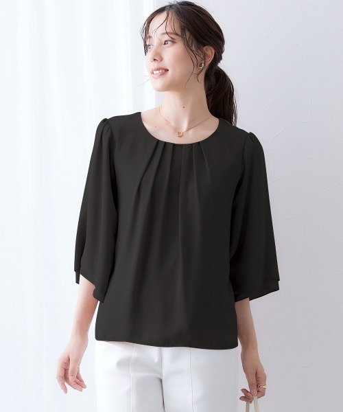 7days Life Styling（セブンデイズライフスタイリング）の「ジョーゼットエアリー7分袖トップス（シャツ/ブラウス・レディース・ライトブルー/ネイビー/ドット/グレイッシュベージュ/ライラック/オフホワイト/ピンク/キャメル/ストライプ/ブラック/ミント/ホワイト×ブラック/マスタード/ピンク系その他/ベージュ系その他・S/M/LL/L/3L）」の20枚目の写真