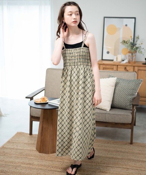 WEGO（ウィゴー）の「WEGO/バイアスチェックシャーリングキャミワンピース（ワンピース・レディース・ベージュ系その他2/グリーン系その他2・FREE）」の4枚目の写真