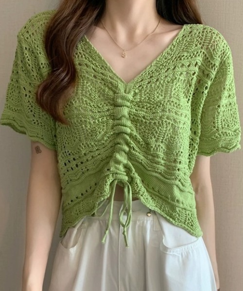.KOM(ドットコム)の「A'GEM/9 × .kom『.kom/ドットケーオーエム』編みトップス(ニット/セーター・レディース・アイボリー/ライトピンク/ベージュ/ブラック/グリーン・FREE)」の5枚目の写真