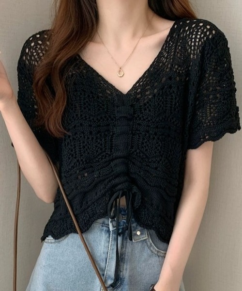 .KOM(ドットコム)の「A'GEM/9 × .kom『.kom/ドットケーオーエム』編みトップス(ニット/セーター・レディース・アイボリー/ライトピンク/ベージュ/ブラック/グリーン・FREE)」の3枚目の写真