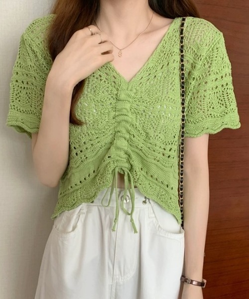 .KOM(ドットコム)の「A'GEM/9 × .kom『.kom/ドットケーオーエム』編みトップス(ニット/セーター・レディース・アイボリー/ライトピンク/ベージュ/ブラック/グリーン・FREE)」の11枚目の写真
