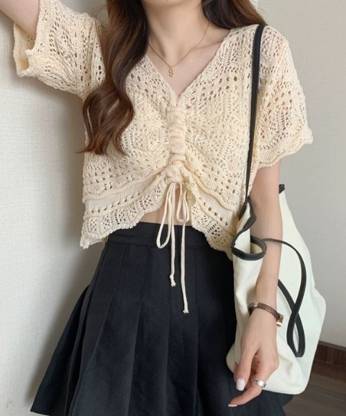 .KOM(ドットコム)の「A'GEM/9 × .kom『.kom/ドットケーオーエム』編みトップス(ニット/セーター・レディース・アイボリー/ライトピンク/ベージュ/ブラック/グリーン・FREE)」の6枚目の写真