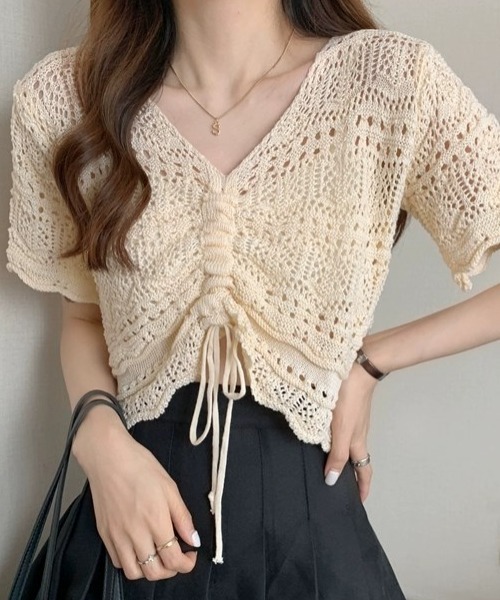 .KOM(ドットコム)の「A'GEM/9 × .kom『.kom/ドットケーオーエム』編みトップス(ニット/セーター・レディース・アイボリー/ライトピンク/ベージュ/ブラック/グリーン・FREE)」の7枚目の写真