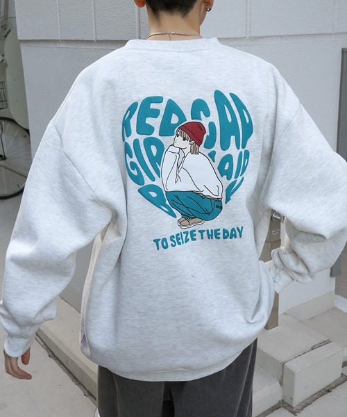 Red Cap Girl（レッドキャプガール）の「【RED CAP GIRL】イラストバックプリント刺繍 裏起毛プルオーバースウェット（スウェット・メンズ・グレー/ネイビー/チャコールグレー/カーキ/ホワイト/ブラック系その他/グレー系その他/ホワイト系その他・M/L）」の6枚目の写真
