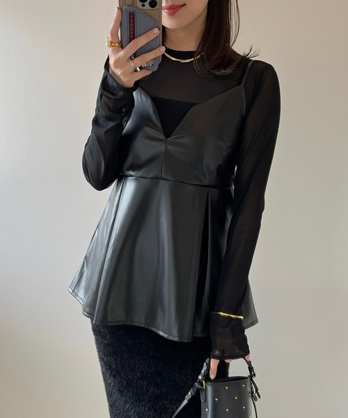 Bonjour Sagan(ボンジュールサガン)の「フェイクレザーペプラムビスチェキャミ(キャミソール・レディース・ブラウン/ブラック・FREE)」の6枚目の写真