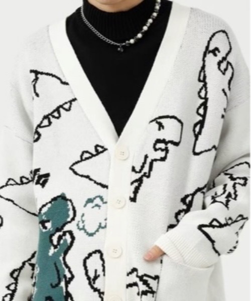Burner(バーナー)の「【BURNER Recommend Select】落書き恐竜イラスト カーディガン oku-tops-734512613842-38 U(カーディガン/ボレロ・メンズ・グリーン/ブラック/ホワイト・L/M/X-LARGE/XX-LARGE)」の3枚目の写真