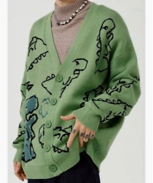Burner(バーナー)の「【BURNER Recommend Select】落書き恐竜イラスト カーディガン oku-tops-734512613842-38 U(カーディガン/ボレロ・メンズ・グリーン/ブラック/ホワイト・L/M/X-LARGE/XX-LARGE)」の2枚目の写真