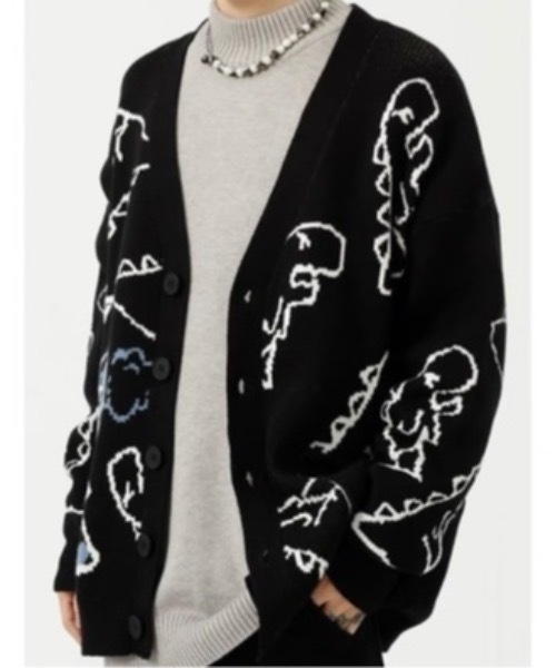 Burner(バーナー)の「【BURNER Recommend Select】落書き恐竜イラスト カーディガン oku-tops-734512613842-38 U(カーディガン/ボレロ・メンズ・グリーン/ブラック/ホワイト・L/M/X-LARGE/XX-LARGE)」の1枚目の写真