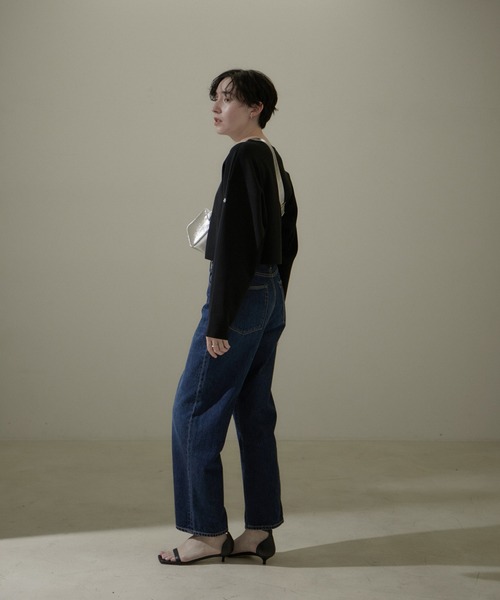 SALON adam et rope'(サロン アダム エ ロペ)の「スウェットライククロップドプルオーバー 無地/ボーダー【洗える】(Tシャツ/カットソー・レディース・ホワイト系その他3/サックスブルー/ブラック・FREE)」の7枚目の写真