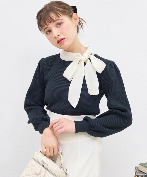 titty＆Co. PETIT（ティティアンドコープティ）の「【titty&Co.PETIT】リボンリブニットトップス（ニット/セーター・レディース・ブラック/ホワイト・FREE）」の3枚目の写真