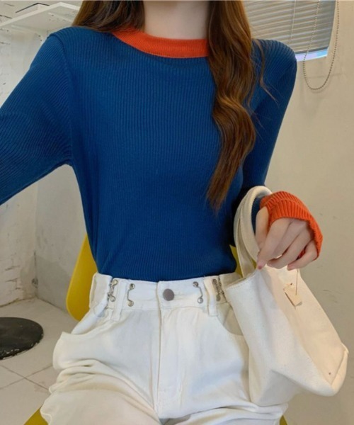 Ritzy（リッツィー）の「リンガークルーネック バイカラーリブニット（ニット/セーター・レディース・グレー/ブルー/ブラック/ホワイト・FREE）」の20枚目の写真