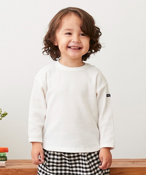 MEDM Tシャツ 長袖 ワッフル 袖ロゴ プリント 男女兼用 プチプラ】フロントカレッジロゴ長袖Tシャツ(140 オレンジ