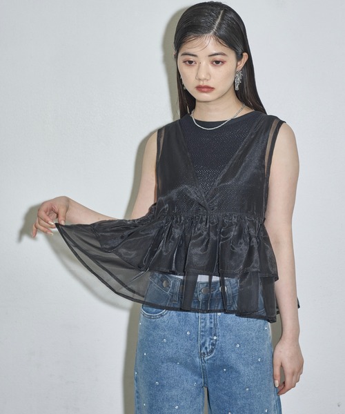 【美品】YONFA ヨンファ　リボンデニムプルオーバー　フリル　シャツ 美品】YONFA ヨンファ リボンデニムプルオーバー フリル シャツ