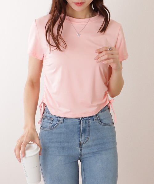 セール】サイド ギャザー クルーネック 半袖 Tシャツ（Tシャツ