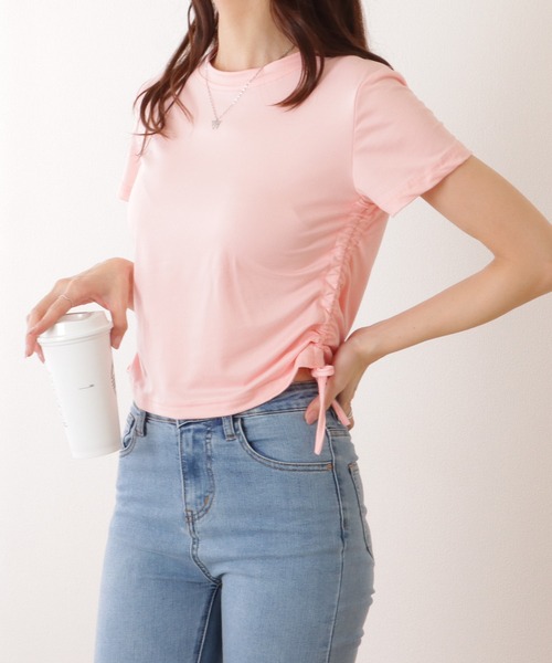 Lace Ladies（レースレディース）の「サイド ギャザー クルーネック 半袖 Tシャツ（Tシャツ/カットソー・レディース・モカ/ホワイト/ピンク/ブラック/グレー・M/XL）」の14枚目の写真