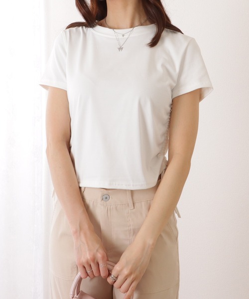 Lace Ladies（レースレディース）の「サイド ギャザー クルーネック 半袖 Tシャツ（Tシャツ/カットソー・レディース・モカ/ホワイト/ピンク/ブラック/グレー・M/XL）」の18枚目の写真