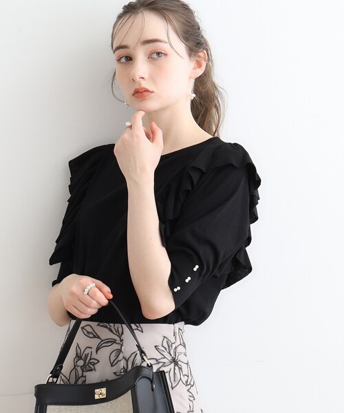 couture brooch（クチュールブローチ）の「◆フリル5分袖ニット（ニット/セーター・レディース・ブラック/ライトブルー/アイボリー・42/38）」の12枚目の写真