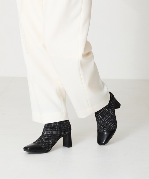 セール】ビジューバックルツイードヒールブーツ 41419（ブーツ