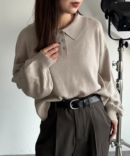 apres jour mignon（アプレジュールミニョン）の「ポロニット（ニット/セーター・レディース・チャコールグレー/ブラック/カーキ/ベージュ/パープル/オレンジ/ネイビー/アイボリー/杢グレー・X-LARGE/フリー）」の6枚目の写真