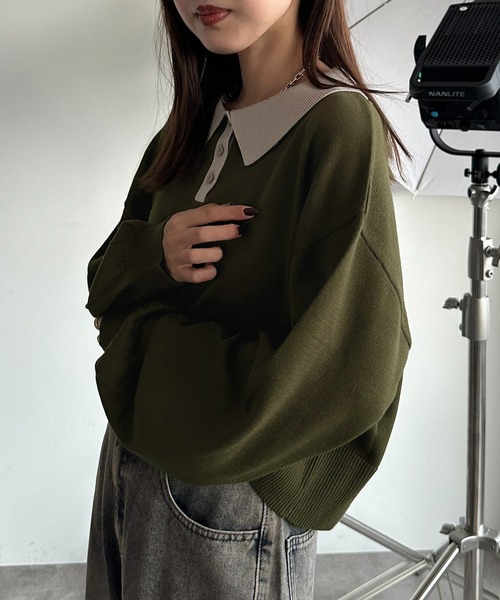 apres jour mignon（アプレジュールミニョン）の「ポロニット（ニット/セーター・レディース・チャコールグレー/ブラック/カーキ/ベージュ/パープル/オレンジ/ネイビー/アイボリー/杢グレー・X-LARGE/フリー）」の7枚目の写真