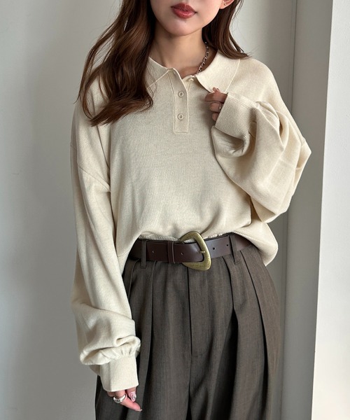 apres jour mignon（アプレジュールミニョン）の「ポロニット（ニット/セーター・レディース・チャコールグレー/ブラック/カーキ/ベージュ/パープル/オレンジ/ネイビー/アイボリー/杢グレー・X-LARGE/フリー）」の2枚目の写真