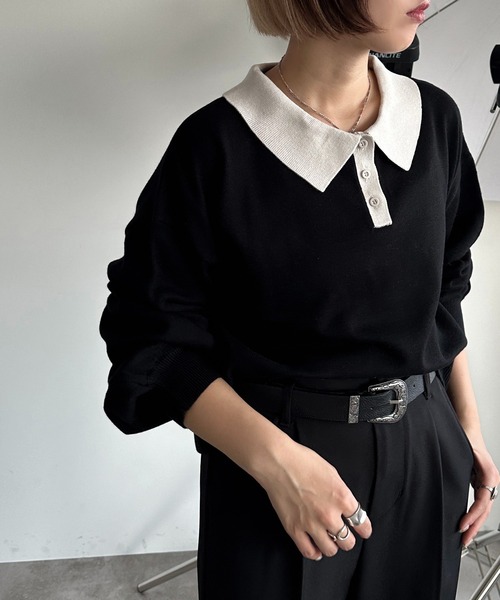 apres jour mignon（アプレジュールミニョン）の「ポロニット（ニット/セーター・レディース・チャコールグレー/ブラック/カーキ/ベージュ/パープル/オレンジ/ネイビー/アイボリー/杢グレー・X-LARGE/フリー）」の3枚目の写真