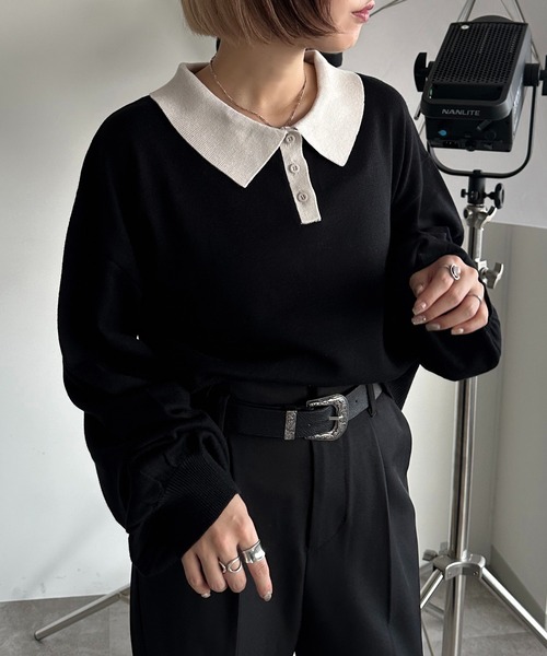 apres jour mignon（アプレジュールミニョン）の「ポロニット（ニット/セーター・レディース・チャコールグレー/ブラック/カーキ/ベージュ/パープル/オレンジ/ネイビー/アイボリー/杢グレー・X-LARGE/フリー）」の10枚目の写真