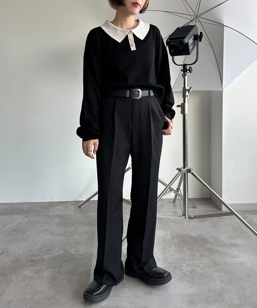 apres jour mignon（アプレジュールミニョン）の「ポロニット（ニット/セーター・レディース・チャコールグレー/ブラック/カーキ/ベージュ/パープル/オレンジ/ネイビー/アイボリー/杢グレー・X-LARGE/フリー）」の11枚目の写真