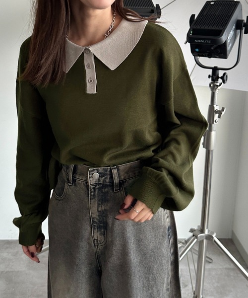 apres jour mignon（アプレジュールミニョン）の「ポロニット（ニット/セーター・レディース・チャコールグレー/ブラック/カーキ/ベージュ/パープル/オレンジ/ネイビー/アイボリー/杢グレー・X-LARGE/フリー）」の13枚目の写真