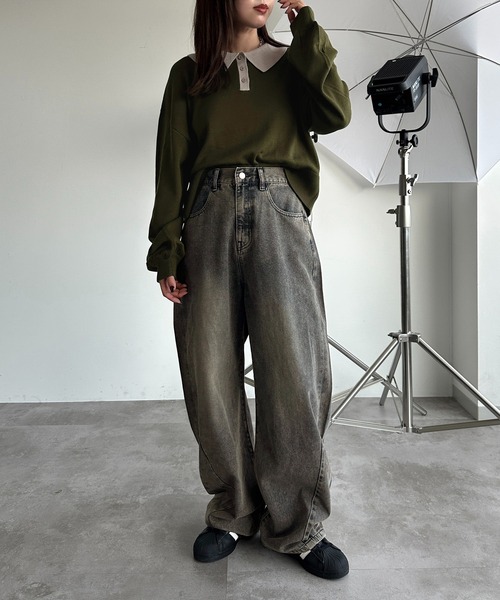 apres jour mignon（アプレジュールミニョン）の「ポロニット（ニット/セーター・レディース・チャコールグレー/ブラック/カーキ/ベージュ/パープル/オレンジ/ネイビー/アイボリー/杢グレー・X-LARGE/フリー）」の15枚目の写真