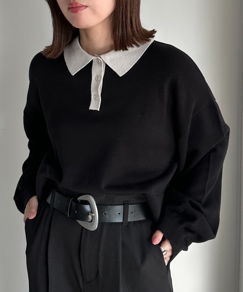 apres jour mignon（アプレジュールミニョン）の「ポロニット（ニット/セーター・レディース・チャコールグレー/ブラック/カーキ/ベージュ/パープル/オレンジ/ネイビー/アイボリー/杢グレー・X-LARGE/フリー）」の12枚目の写真