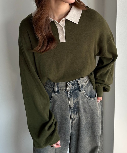 apres jour mignon（アプレジュールミニョン）の「ポロニット（ニット/セーター・レディース・チャコールグレー/ブラック/カーキ/ベージュ/パープル/オレンジ/ネイビー/アイボリー/杢グレー・X-LARGE/フリー）」の14枚目の写真