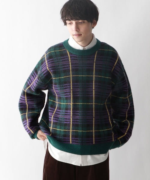 セール】ルーズチェック/クルーネックニット（ニット/セーター
