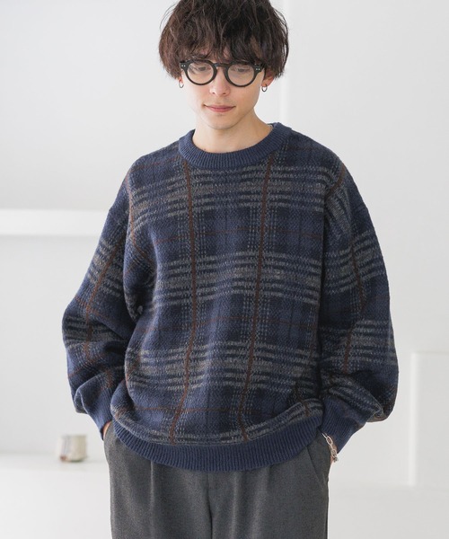 セール】ルーズチェック/クルーネックニット（ニット/セーター