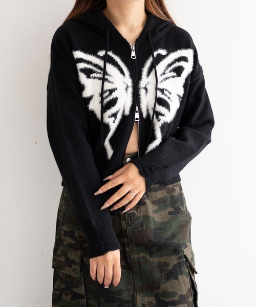 dispark(ディスパーク)の「DISPARK/バタフライWジップシャギーパーカー(カーディガン/ボレロ・レディース・ブラック/ホワイト・FREE)」の1枚目の写真