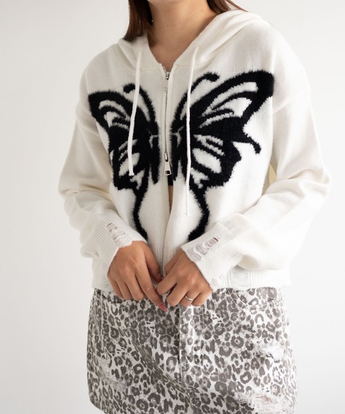 dispark(ディスパーク)の「DISPARK/バタフライWジップシャギーパーカー(カーディガン/ボレロ・レディース・ブラック/ホワイト・FREE)」の5枚目の写真