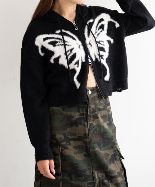 dispark(ディスパーク)の「DISPARK/バタフライWジップシャギーパーカー(カーディガン/ボレロ・レディース・ブラック/ホワイト・FREE)」の9枚目の写真