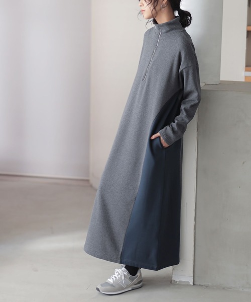 n'OrLABEL(ノアールレーベル)の「『裏シャギー配色ハーフジップワンピース』(ワンピース・レディース・チャコールグレー/ブラック・2/1)」の2枚目の写真