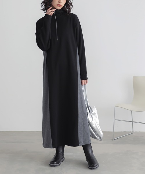 n'OrLABEL(ノアールレーベル)の「『裏シャギー配色ハーフジップワンピース』(ワンピース・レディース・チャコールグレー/ブラック・2/1)」の1枚目の写真