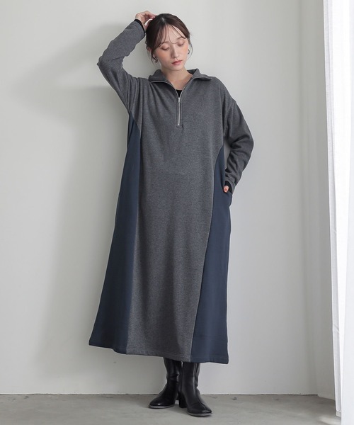 n'OrLABEL(ノアールレーベル)の「『裏シャギー配色ハーフジップワンピース』(ワンピース・レディース・チャコールグレー/ブラック・2/1)」の10枚目の写真