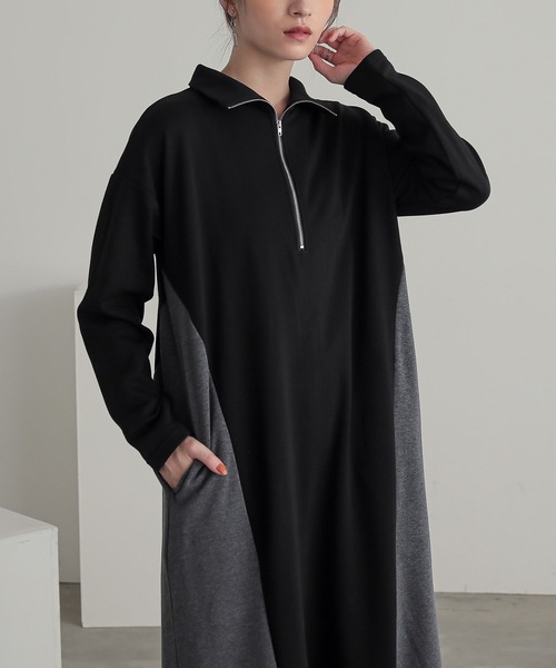 n'OrLABEL(ノアールレーベル)の「『裏シャギー配色ハーフジップワンピース』(ワンピース・レディース・チャコールグレー/ブラック・2/1)」の3枚目の写真