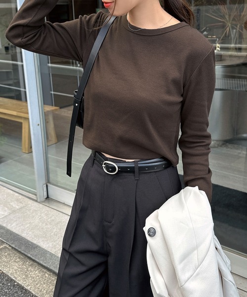 andme(アンドミー)の「【新色追加】テレコリブショート丈クルーネックトップス(Tシャツ/カットソー・レディース・ブラック/杢グレー/オフホワイト/チャコールグレー/ブラウン・M/L)」の9枚目の写真